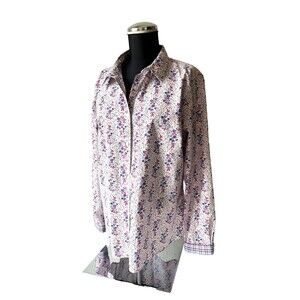 LL Bean Purple Blue White Floral Button-Front Shirt Long Sleeve-Women's Large